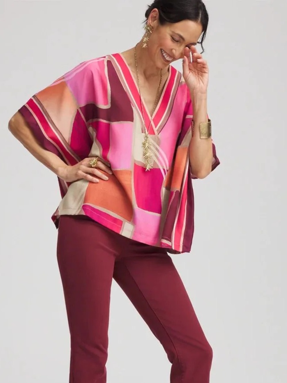 Chico's Vibrant Multi-Color Geometric V-Neck Blouse size S/M- NWT